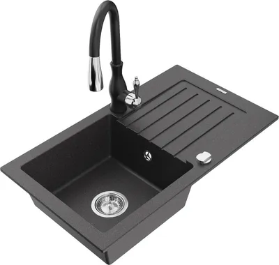 Produktbild von Mexen Pablo 1 Becken-Granitspüle mit Abtropffläche und Mischbatterie Savita, Schwarz gesprenkelt - 6510-76-672601-70