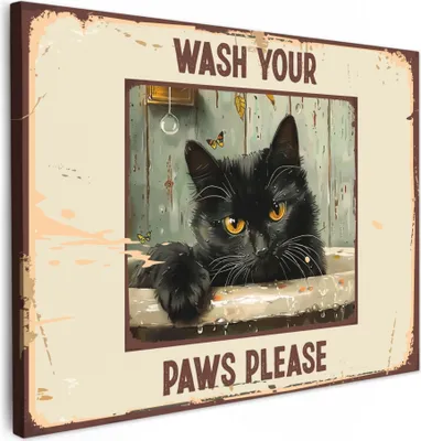 Produktbild von MuchoWow® - Leinwandbilder - Vintage - Katze - Zitate - Pfoten waschen bitte - Sprichwörter, Wandbild, Wanddeko Bilder Wohnzimmer, 70x50 cm