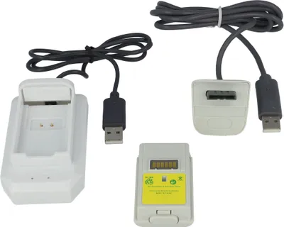 Produktbild von vhbw Play & Charge Kit kompatibel mit Microsoft Xbox 360 Controller - 1x Ladegerät, 1x Ladekabel, 1x Akku Schwarz Grau Weiß