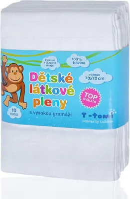 A stack of white cloth diapers with a colorful label on the front.