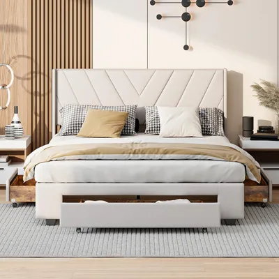 Immagine prodotto di Letto imbottito - Letto matrimoniale - 140 x 200 cm - 3 cassetti - Testiera - Colore beige