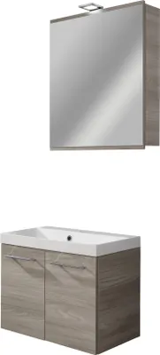 Produktbild von FACKELMANN LIMA Badmöbel Set 3 Teile / Gussmarmor Waschbecken / Waschbeckenunterschrank mit 2 Türen / LED Spiegelschrank / Soft-Close / Korpus: Braun hell / Front: Braun hell / Breite: 60 cm