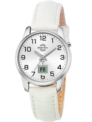 A close-up studio shot of a white women's watch with a silver-tone case and a white leather strap.
