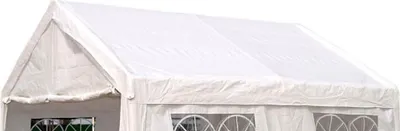 A close-up view of the roof and upper side of a white tent.