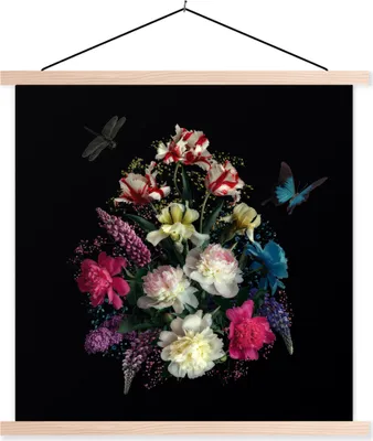 Produktbild von MuchoWow® Textilposter Blumen - Schmetterling - Stilleben 60x60 cm mit holzfarbenen Rahmen - Wanddekoration