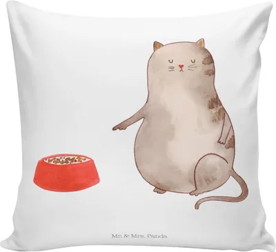 Produktbild von Mr. & Mrs. Panda Deko Kissen Katze Fressen - Weiß - Geschenk, Kleines, Kuschelkissen, 40x40, Zierkissen, Sofa, Kuschel