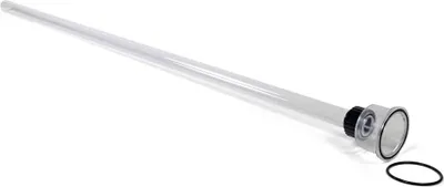 A clear glass tube with silver and black fittings on a white background.