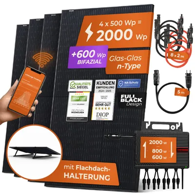 Produktbild von Solarway® Balkonkraftwerk 2000W Komplettset für Steckdose mit 600-2000W Envertech Wechselrichter Solaranlage - Flachdach Halterung