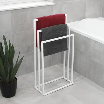 Immagine prodotto di HMP porta asciugamani da terra 3 bracci stabile – metallo bianco opaco loft bagno stand asciugamani per bagno hotel spa