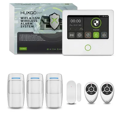 Image de Système d'alarme HUXGO Wi-Fi GSM 4G, kit comprenant 3 détecteurs de mouvement, 1 capteur de porte et l'application HXA502