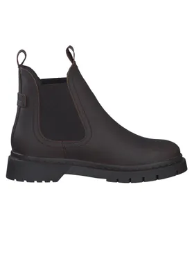 A studio shot of a single brown Chelsea boot against a white background.