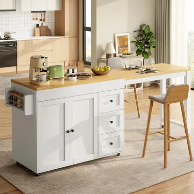 Immagine prodotto di Isola da cucina MODFU con piano estendibile, carrello da cucina/carrello di servizio con ruote, mobiletto da cucina con 3 cassetti e ripiani per snack, colore bianco