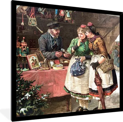 Produktbild von MuchoWow® Gerahmtes Poster Weihnachten - Porträt Weihnachtsmarkt - Vintage 40x40 cm - Poster mit Schwarzem Bilderrahmen Wandposter Rahmen Foto Bilder - Mit Rahmen - Wanddekoration Schlafzimmer