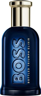 A studio shot of a dark blue perfume bottle with a gold cap.