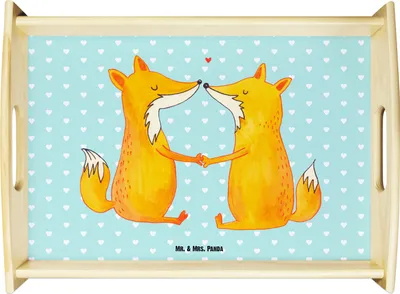 Produktbild von Mr. & Mrs. Panda Tablett Füchse Liebe - Türkis Pastell - Geschenk, Fuchs, Fox, tragetablett, Freundin, Ehefrau, holz, Deko, aus, Servier