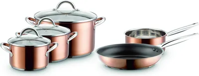 A set of copper-colored cookware including pots and a frying pan, displayed on a white background.