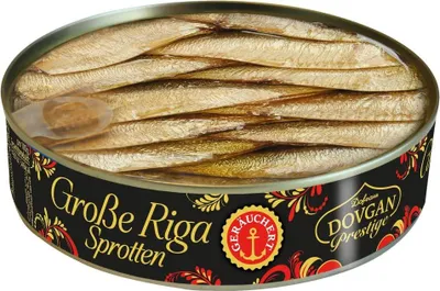 Produktbild von DOVGAN Prestige Große Riga Sprotten geräuchert mit transp. Deckel 120g