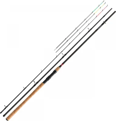 A fishing rod with multiple interchangeable tips, laid out on a white background.