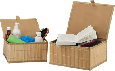 Immagine prodotto di Ceste portaoggetti con coperchio - Set da 2 - 2 dimensioni - Con coperchio - Ceste per il bagno - Giocattoli - Bambù - Tessuto - Naturale