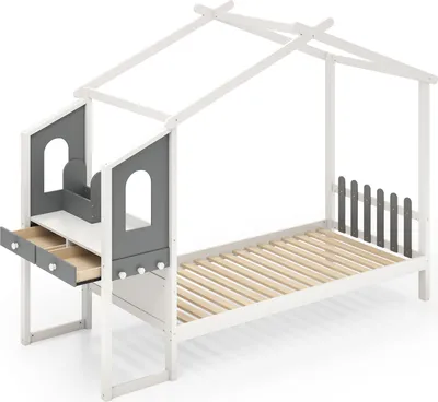 A white and gray house-shaped children's bed with a desk and drawers.