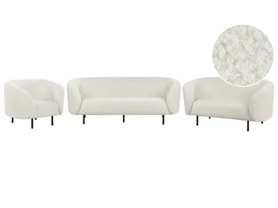 Produktbild von BELIANI Sofa Set 3-Teilig Weiß Bouclé Stoffbezug 6-Sitzer Sitzgruppe Armlehnen Metallgestell in Schwarz Glamouröser Stil Wohnzimmer Esszimmer Flur