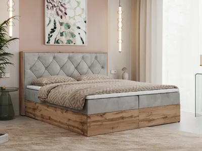 Produktbild von MKS MEBLE Boxspringbett 200x200 mit Bettkasten Eiche, Polsterbett 200x200 mit Matratze H3, Bett 200x200 mit Kopfteil, Bett mit Holzrahmen in Wotan Eiche - Hellgrau Velvet - Veneto