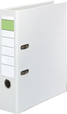 A white binder with a green label on the side.