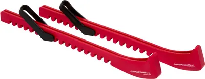 A pair of red skate guards with black straps, shown against a white background.