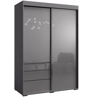 A grey wardrobe with sliding doors and drawers.