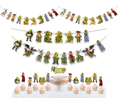 Geburtstagsdeko Shrk Thema: Banner + 24 Cupcake-Topper