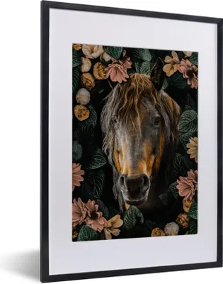 Produktbild von MuchoWow® MuchoWow® Gerahmtes Poster Pferd - Blumen - Blätter 30x40 cm - Poster mit zchwarzem Bilderrahmen - Wandposter Schlafzimmer