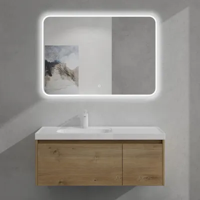 Image de doporro Meuble de Salle de Bains Marron Clair Ensemble de 3 Pièces Meuble Suspendu avec Lavabo et Miroir LED 100cm avec Soft-close Design Salerno