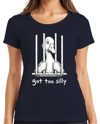 Productafbeelding van "Te dom voor de gevangenis, maar wel grappig," dames T-shirt, marineblauw, maat XL