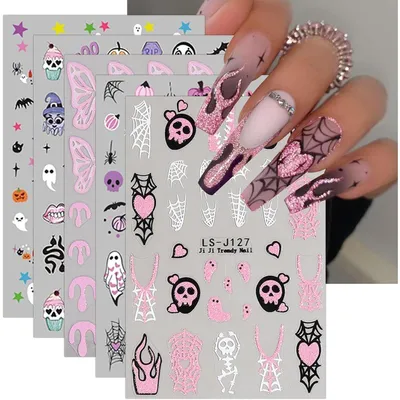 Image de Autocollants pour ongles, Halloween, 9 feuilles, rose, paillettes, adhésifs, décorations pour nail art