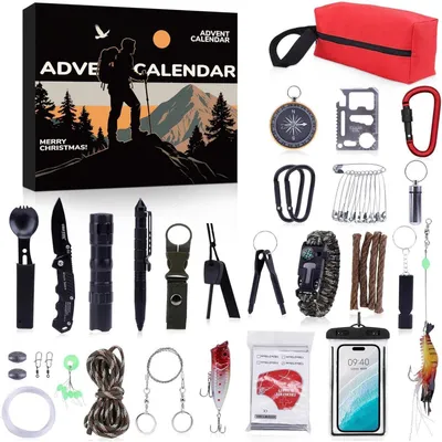 Image de Calendrier de l'Avent "Kit de Survie" pour hommes : 24 jours de décompte avec des outils de survie en extérieur, du matériel d'urgence, un cadeau