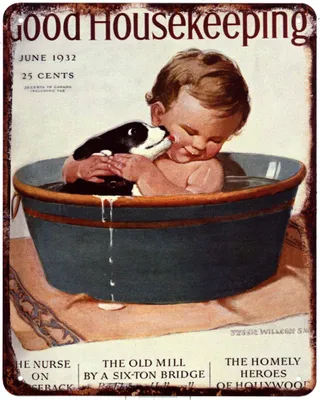 Zdjęcie produktu dla Blaszana tabliczka 1678 Good Housekeeping Pies i dziecko podczas kąpieli 20 x 25