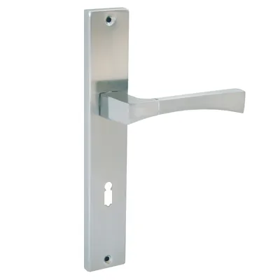 Produktbild von DOMINO Türgriff 72 Drückergarnitur BB-Buntbart Set | Langschildgarnitur | Türklinke für Zimmertür, Bürotür, Kellertür & Innentür | L-Form | Türbeschläge aus Aluminium |Silber Türdrückergarnitur | INSIGNIA M6/M9