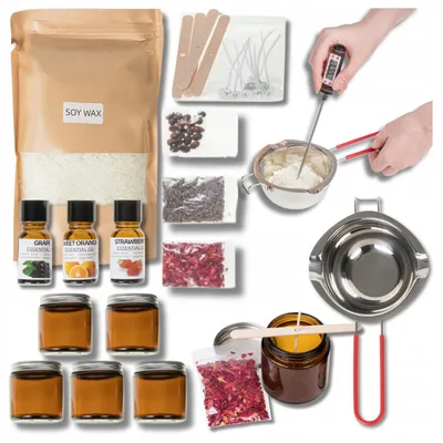 Immagine prodotto di Kit completo per la creazione di candele fai-da-cè, con cera di soia (5 vasetti)