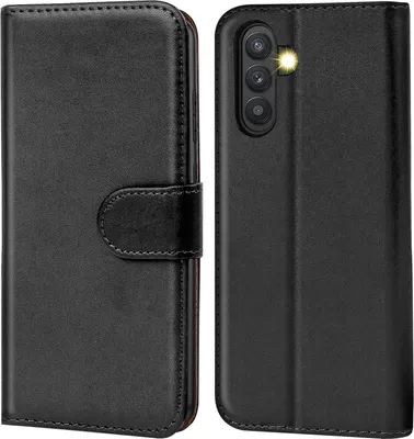 A black flip case for a smartphone is shown from the front and back.