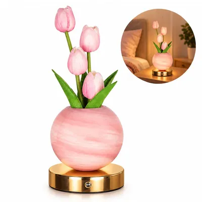 Produktbild von Tulpenlampe LED, kabellose Akku-Tischlampe mit 3 Lichtfarben, stufenlos dimmbar, Touch-Steuerung, dekoratives Nachtlicht für Schlafzimmer & Wohnzimmer