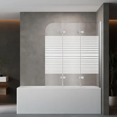 Produktbild von Duschabtrennung Faltbar Duschwand für Badewanne 140x140cm 3-Teilig Badewannenfaltwand Silber Badewannenaufsatz aus ESG GLAS Duschtrennwand, Streifen