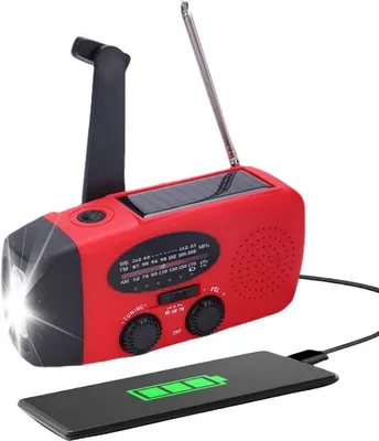 Image de Radio d'urgence - Radio d'urgence à manivelle - 2000 mAh - Radio solaire à manivelle - Rechargeable et à piles - Batterie externe - Solaire - Lampe de poche - Pour situations d'urgence/camping - Manivelle manuelle - Rouge