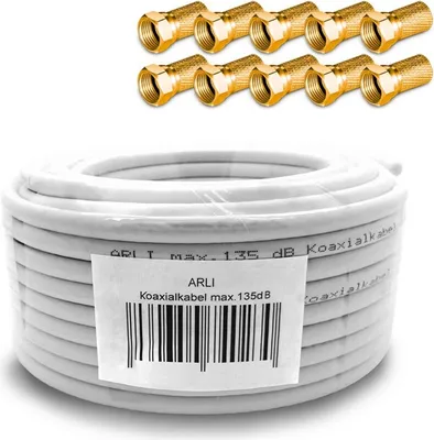Produktbild von 50m ARLI Koaxialkabel max. 135dB + 10x F-Stecker vergoldet mit breiter Mutter und Dichtring