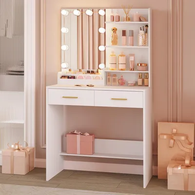 Image de Table de maquillage avec 10 LED, 4 étagères ouvertes, 2 tiroirs, de couleur blanche