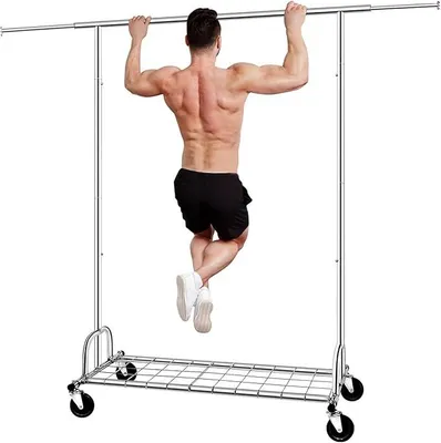 Produktbild von Kleiderständer Schwerlast,2-in-1 Kleiderständer Stabil mit Rollen | Tragkraft 217 KG, Verstellbarer Metall Schwerlast Garderobenständer auf Rollen