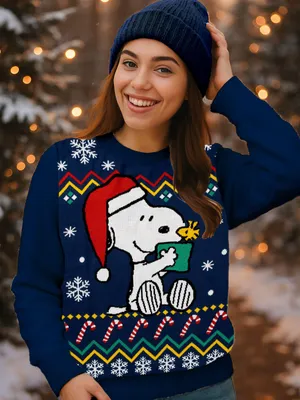 Produktbild von The Peanuts Snoopy Winterpullover für Herren & Damen - Winter Strick Pullover Sweatshirt Ugly Sweater Uni Blau XL
