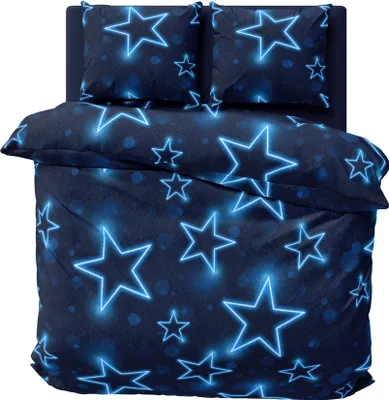 A duvet cover and pillowcases with a neon star pattern on a dark blue background.
