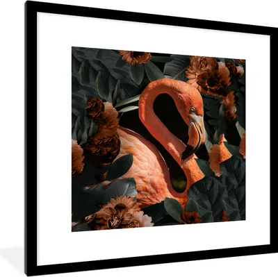 Produktbild von MuchoWow® MuchoWow® Gerahmtes Poster Flamingo - Vogel - Blumen - Blätter 40x40 cm - Poster mit zchwarzem Bilderrahmen - Poster - Plakat im Rahmen