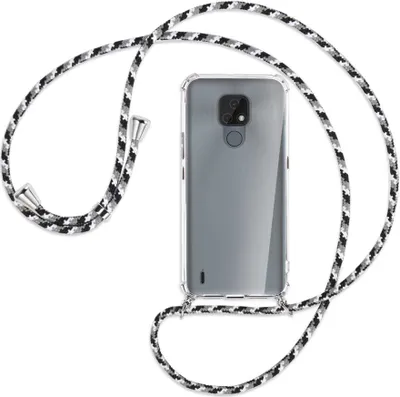 Produktbild von Handykette Backcover-Schutzhülle mit Band (Metall silberfarben) für Motorola Moto E7 - schwarz/grau/weiß