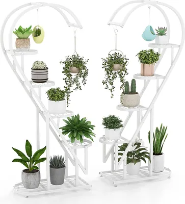 Produktbild von 5-stufiger Pflanzenständer Metall, Blumentreppe Herzförmig mit 4 Haken, 148cm Blumenständer mit Kippschutz, Blumenregal für Balkon Garten (Weiß)